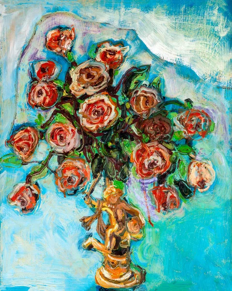 Rosas e Putto Pintura a óleo Vintage — Fotografia de Stock