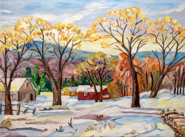 Paisagem rural no inverno Pintura a óleo — Fotografia de Stock