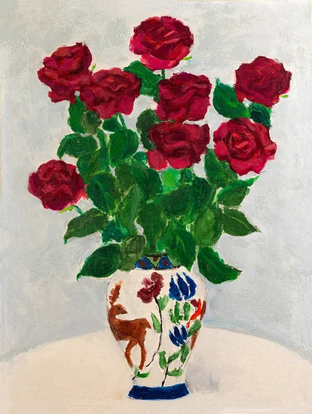 Tanulmány a vörös rózsa egy váza Vintage olajfestmény — Stock Fotó