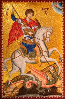 St. George at sırtında bir mızrakla Floransa, Arizona 'daki Saint Anthony Rum Ortodoks Manastırı' ndaki mozaikte yapıldı..