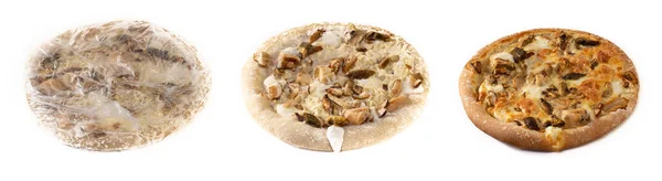 Pizza Congelada Envolta Plástico Para Progressão Pizza Quente Isolada Fundo — Fotografia de Stock