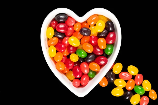 Assorted Colourful Jelly Beans Sweet Candy Background Heart Shaped Bowl — Stock Photo, Image