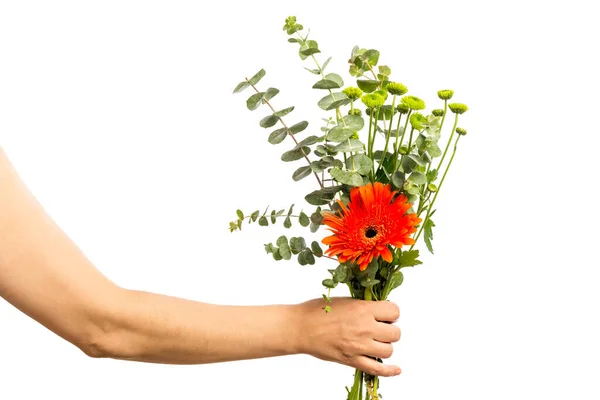 Mano Mujer Sosteniendo Ramo Flores Aisladas Sobre Fondo Blanco Concepto — Foto de Stock