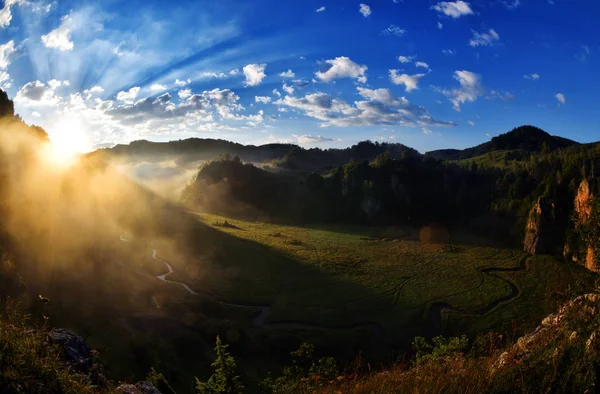 Horská krajina s ranní mlhy za svítání — Stock fotografie