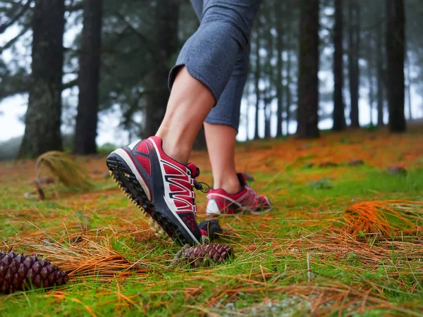 Piedi di giovane donna trekking — Foto Stock