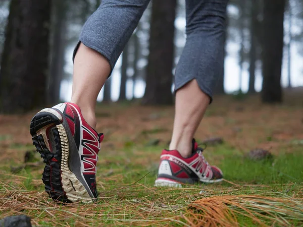 Piedi di giovane donna trekking — Foto Stock