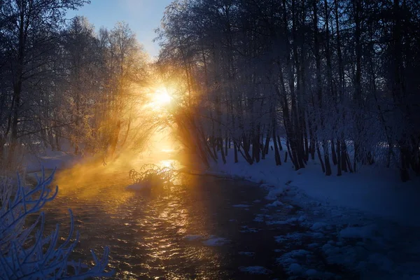 Gebirgsfluss im Winter neblig mordend — Stockfoto