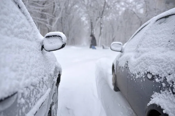 Транспортные средства, покрытые снегом зимой — стоковое фото