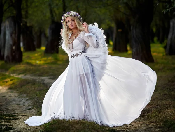 Jovem Mulher Vestindo Vestido Branco Longo Asas Anjo — Fotografia de Stock