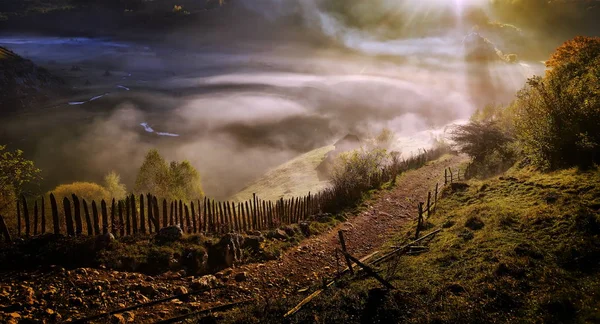 Paisaje Montaña Con Niebla Matutina Otoño Amanecer Rumania —  Fotos de Stock