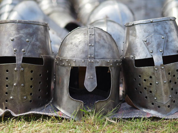 Medieval metal helmets, close up