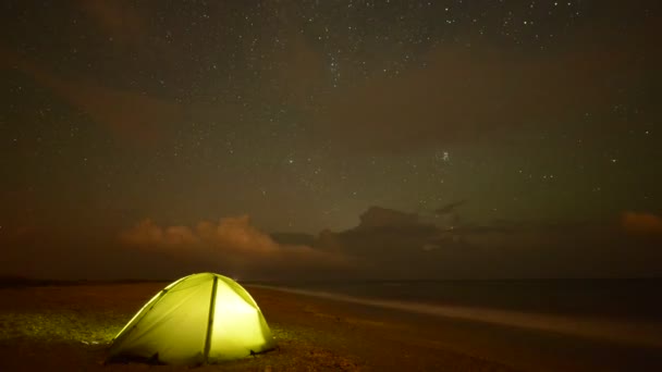 Time Lapse Footage Tourist Camping Night Sky Heat Lightnings Background — Stock Video