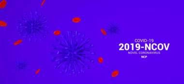 Kan hücreleri arka planı, afişi, posteri, web sitesi başlığı olan mavi koronavirüs 3D