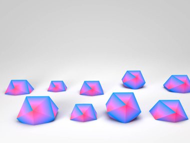 Beyaz boş odada soyut 3D çokgen nesneler