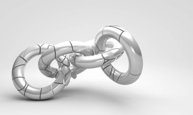 3D metalik kırık zincir, beyaz serin arkaplan