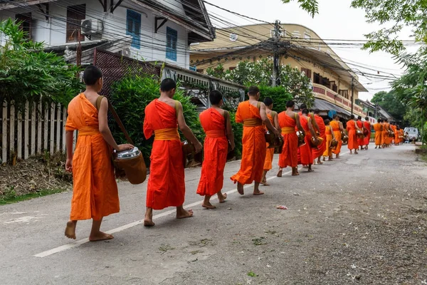 Buddhist monks in a line in Luang Prabang, Laos Stock Image