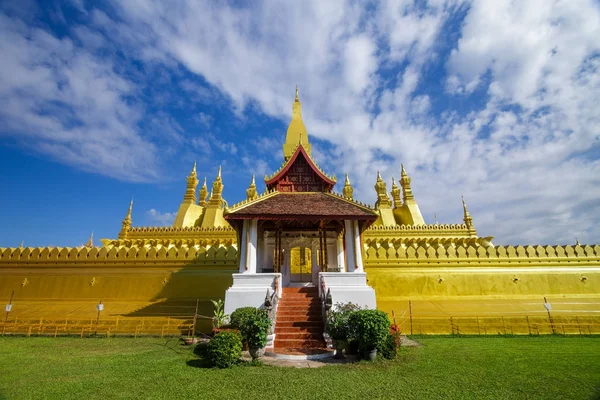 Golden pagoda of Pha That Luang, a Buddhist temple in Vientiane, Stock Photo