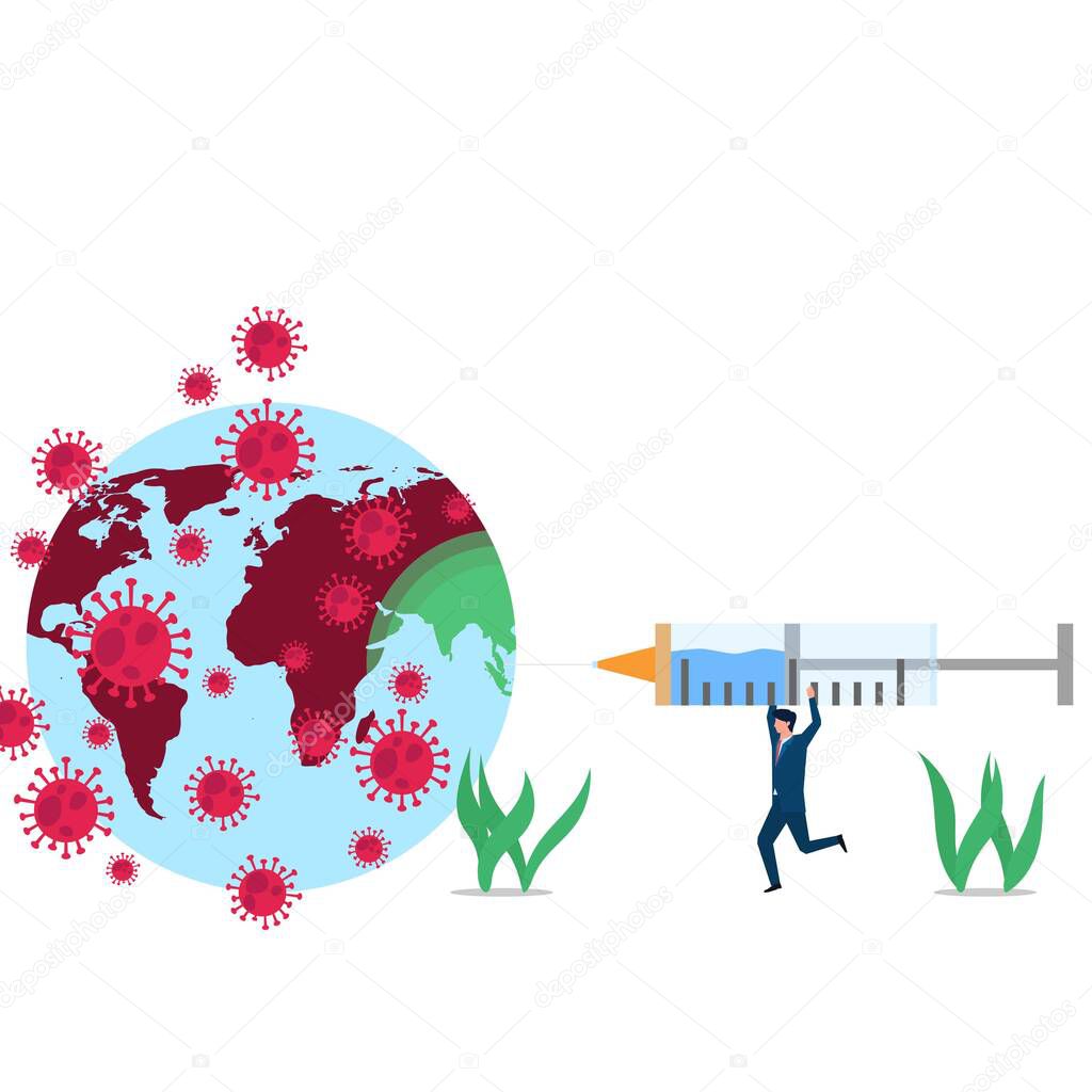 Business flat vector concept man inject vaccine on earth to save from corona virus.