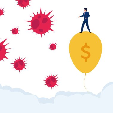 Corona virüsü metaforuna karşı dolar üzerinde insan işareti balonu. İş yassı vektör konsepti çizimi.