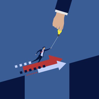 İş adamı uçarak uzaklaşıyor. Boşluğu doldurmaya yardım ediyor. Business Landing Sayfa Şablonu.