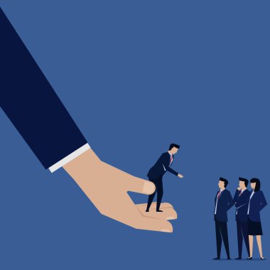 İş adamı, takım çalışmasına yardım önerisine atıfta bulunuyor. Business Landing Sayfa Şablonu.