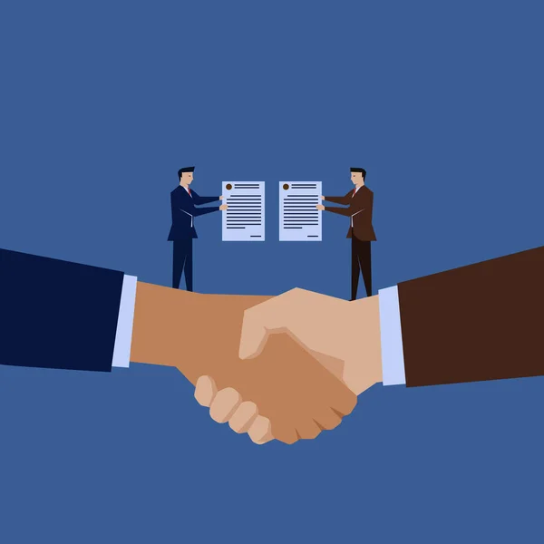 Dwóch Biznesmenów Trzyma Kontrakt Nad Uściskiem Dłoni Symbol Umowy Umowy — Wektor stockowy