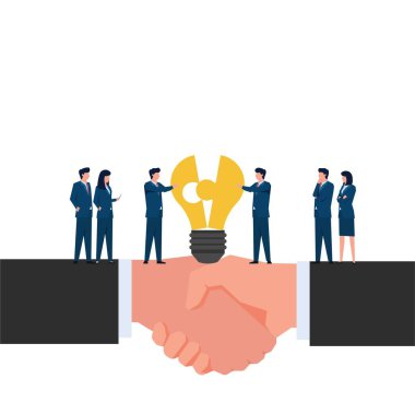 İnsanlar el sıkışarak elde etme metaforu ile lamba parçalarını birleştiriyor. İş düz vektör çizimi.