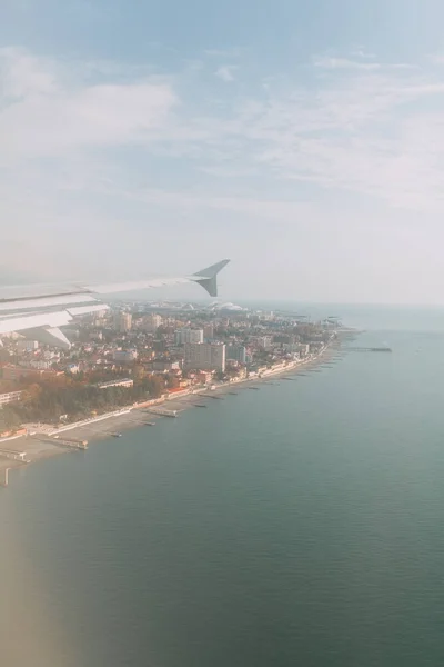 Vista Avião Durante Descolagem Aterragem Nascer Sol — Fotografia de Stock