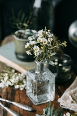 Bahar çiçekleri ve yeşillik dekor cam şişe su ve camına damlacıkları ile tablo içinde. Sıcak gama ve küçük çiçekler ve çim, koyu ahşap arka plan ile ölçülü kompozisyon
