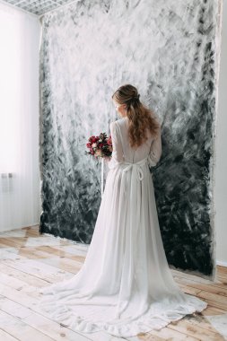 Güzel genç gelin gelinlik pastel, hassas görüntü parlak renkler ile tuval zemin üzerine. Ölçülü gama ve Fotoğrafçılık modern eğilimler