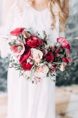 Güzel genç gelin gelinlik pastel, hassas görüntü parlak renkler ile tuval zemin üzerine. Ölçülü gama ve Fotoğrafçılık modern eğilimler