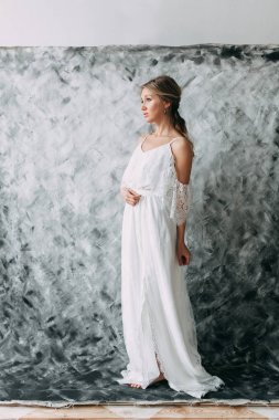 Güzel genç gelin gelinlik pastel, hassas görüntü parlak renkler ile tuval zemin üzerine. Ölçülü gama ve Fotoğrafçılık modern eğilimler