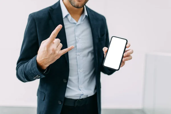 Business Blank Designer Phone White Screen Hands Man — Stock Photo, Image