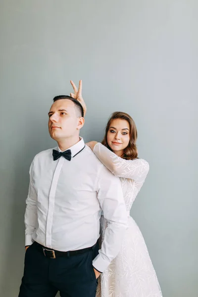 Stylish Wedding European Style Beautiful Couple Celebrating Drinking Champagne Studio — Stock Photo, Image