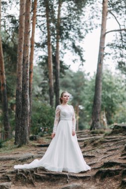 Avrupa tarzında zarif bir tören. Ormanda uçan beyaz elbiseli güzel gelin. 