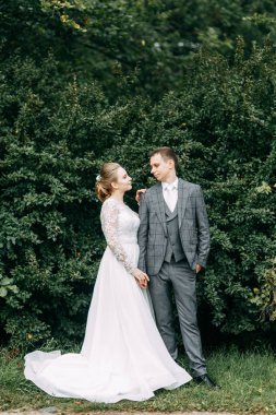 Avrupa tarzında modern bir tören. Atmosferik ormanda kayalarla güzel bir çift.. 