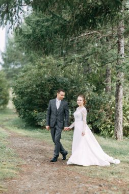 Avrupa tarzında modern bir tören. Atmosferik ormanda kayalarla güzel bir çift.. 