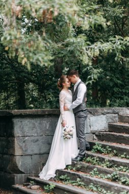 Avrupa tarzında modern bir tören. Atmosferik ormanda kayalarla güzel bir çift.. 