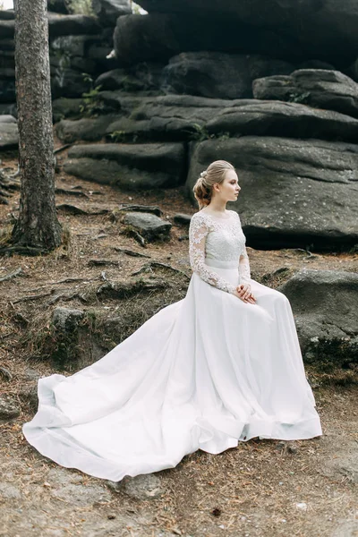 Boda Estilo Europeo Naturaleza Novia Vestido Blanco Las Rocas —  Fotos de Stock