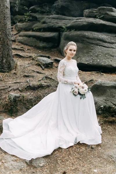 Wedding European Style Nature Bride White Dress Rocks — ストック写真