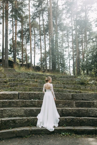 Wedding European Style Nature Bride White Dress Stone Staircase — ストック写真