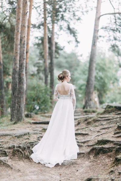 Elegante Ceremonia Estilo Europeo Hermosa Novia Vestido Blanco Vuelo Bosque —  Fotos de Stock