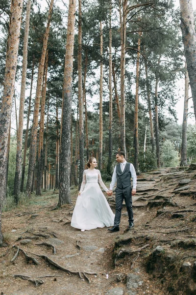 Modern Szertartás Európai Stílusban Gyönyörű Esküvői Pár Hangulatos Erdő Sziklák — Stock Fotó