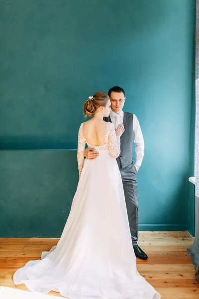 Modern Ceremony European Style Beautiful Wedding Couple Bright Studio — Stock Photo, Image