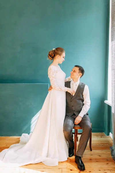 Modern Ceremony European Style Beautiful Wedding Couple Bright Studio — Stock Photo, Image