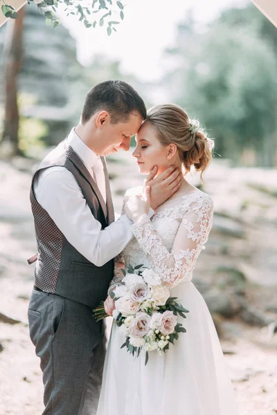 Hermosa Pareja Atardecer Parque Ceremonia Boda Con Arco Bosque — Foto de Stock