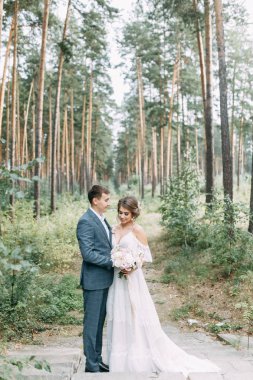 Avrupa tarzında modern bir tören. Atmosferik ormanda kayalarla güzel bir çift.. 