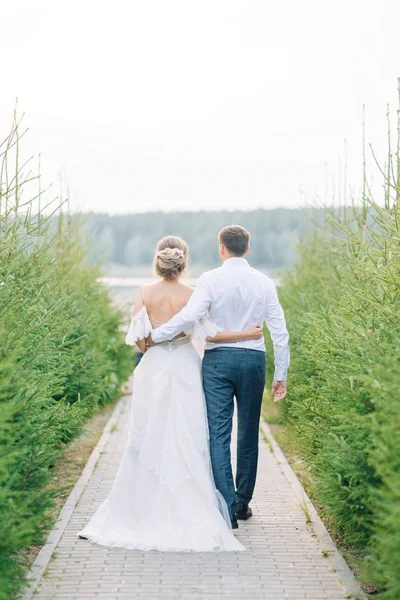 日没時にスタイリッシュなヨーロッパの結婚式 湖の桟橋で幸せなカップル — ストック写真