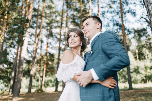 Stilvolle Europäische Hochzeit Bei Sonnenuntergang Glückliches Paar Wald Der Natur — Stockfoto
