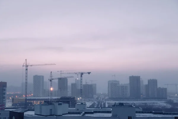 Panorama Construção Pôr Sol Construção Complexo Residencial Com Gruas — Fotografia de Stock